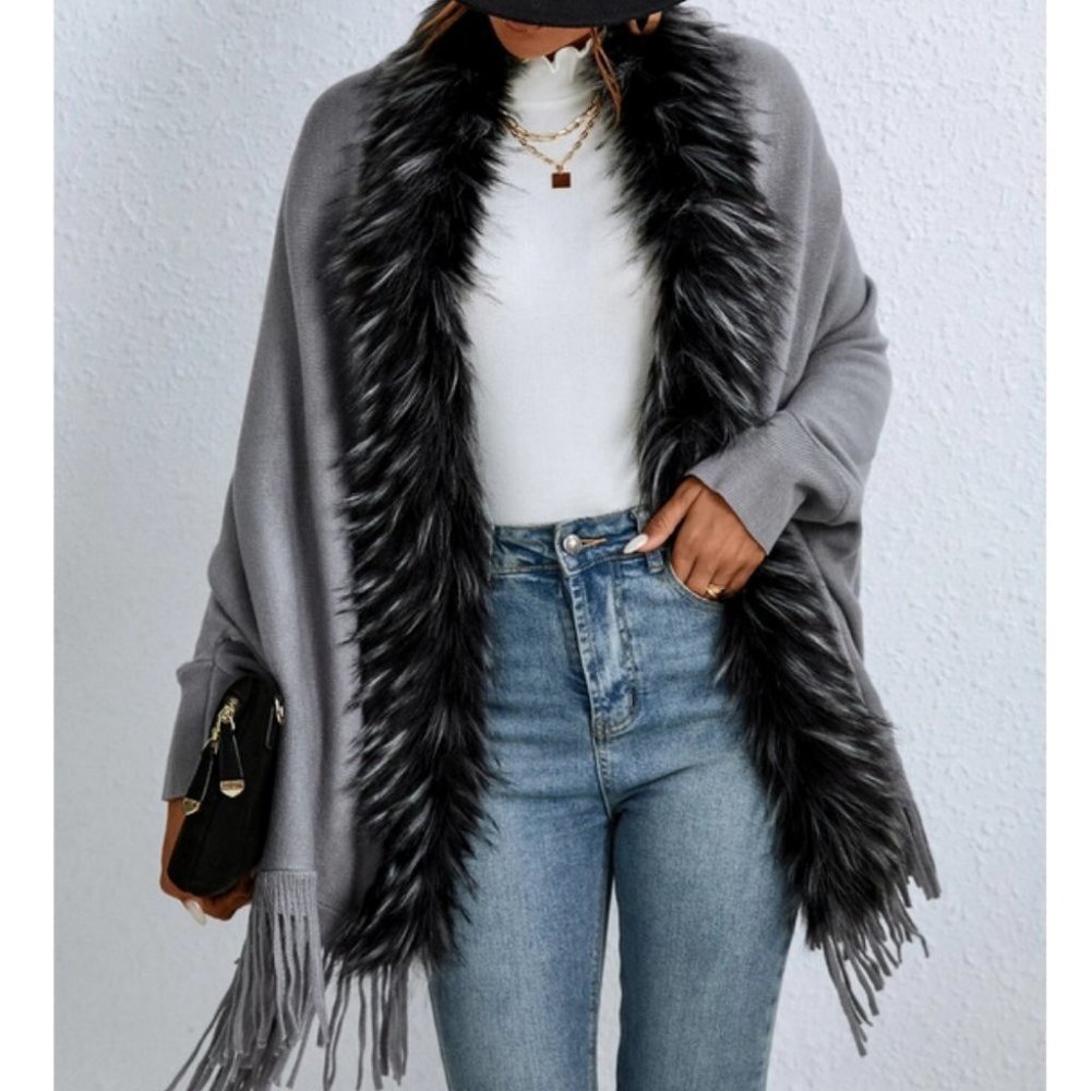 Faux Fur & Fringe Trim Dolman Sleeve knit Duster Cardigan sweater Gray